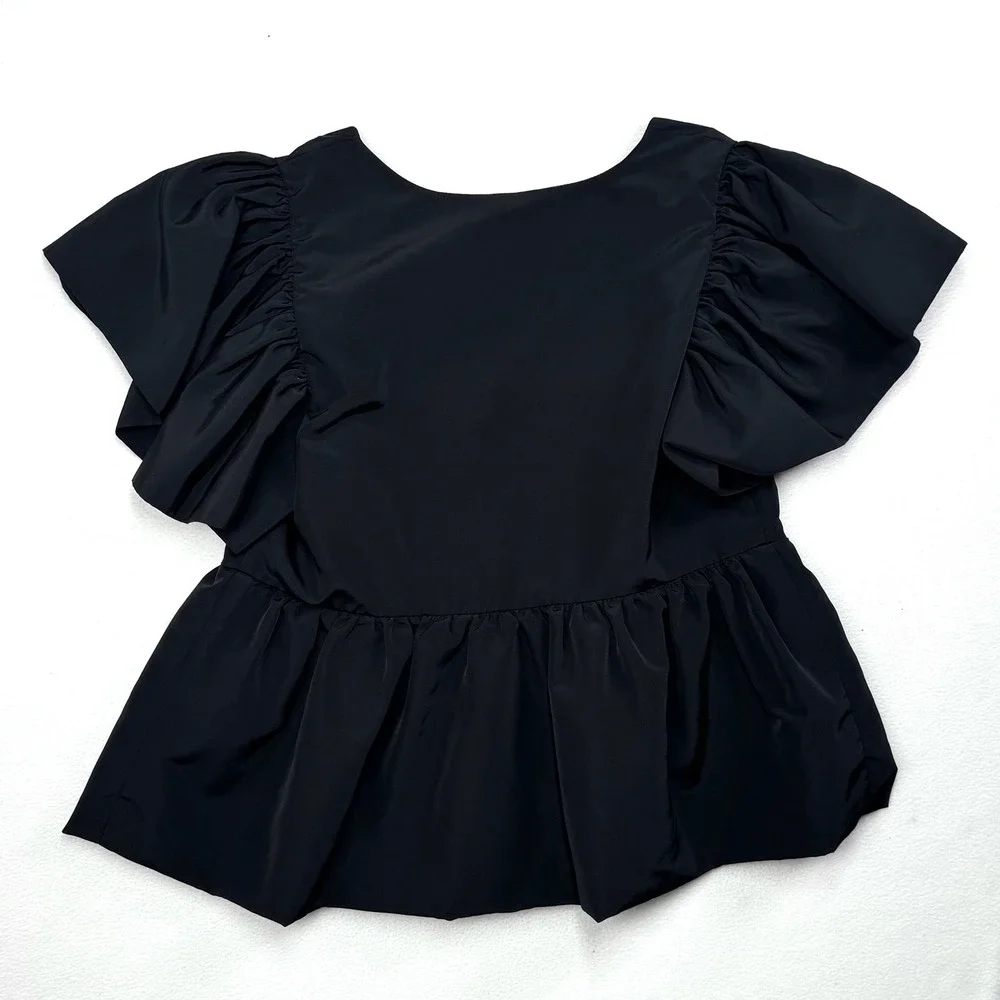 Express Black Square Neck Ruffle Sleeve Peplum Babydoll Top Women's XS Blouse - Picture 3 of 5